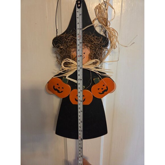Handmade Wooden Happy Halloween Witch with Pumpkin and Cat Wall Hanging Vtg - Picture 3 of 4